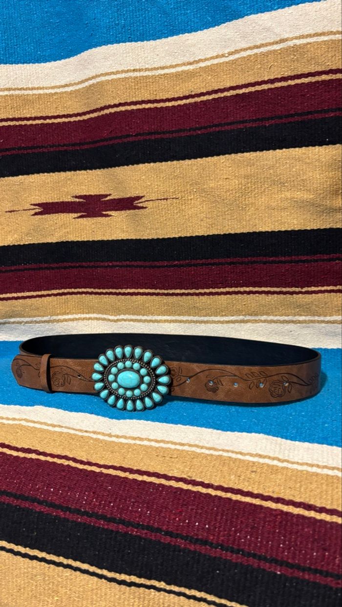 Ceinture neuve femme marron boucle turquoise style western amérindien bohème chic taille M 110 cm - photo numéro 3