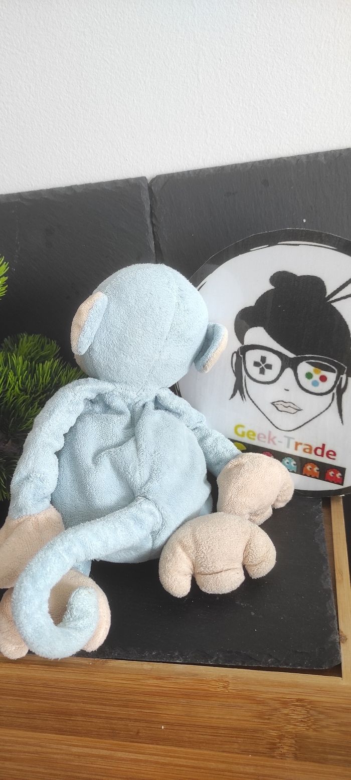 Peluche doudou singe bleu rose saumon bengy ancien pantin marron beige Jaune - photo numéro 2