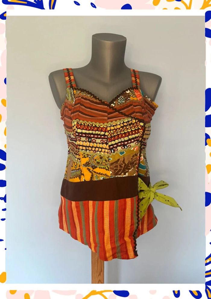 🌟 Débardeur Paul Brial – Taille 2 – Neuf avec étiquette – Motif marron, orange & vert 🌟