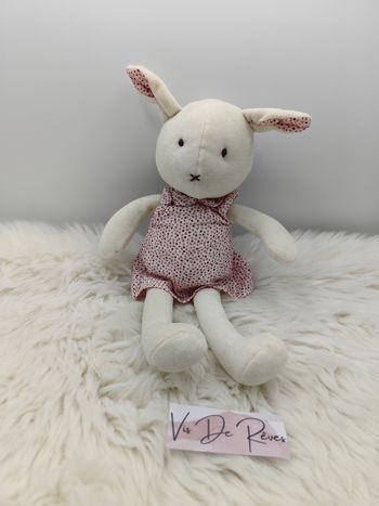 Doudou lapin blanc robe rose pois DPAM