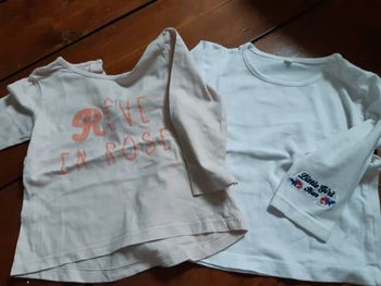 Lot 2 tshirts bébé fille 12 mois manches longues blanc.broderie fleurs rêve en rose texte