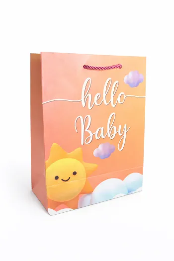 Sac cadeau anniversaire enfant “Bonjour Bébé” motif soleil orange 18 x 23 x 10 cm Neuf