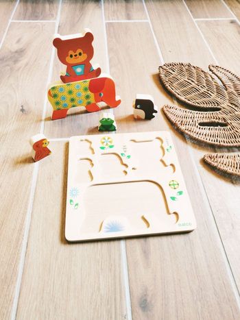 🐻 Jeu d'éveil - Puzzle 3D d'encastrement en bois 2 en 1 Woodypile - marque Djeco - 