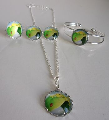 Parure Argentée 4 pièces cabochon 2cm collection "Grenouille" coccinelle