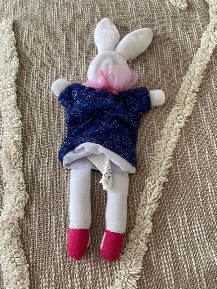 Peluche doudou marionnette plat sergent major lapin blanc bleu et rose parfait état - photo numéro 3