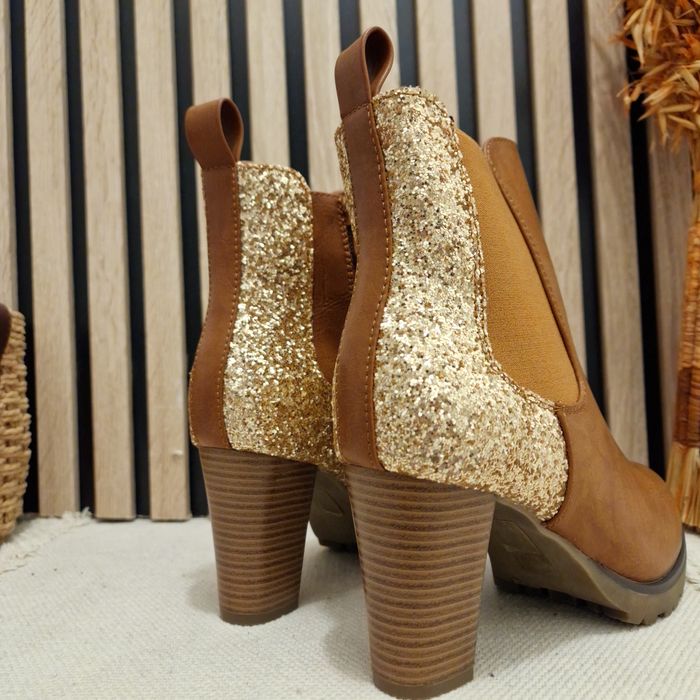 Bottines camel paillettes gold talons - photo numéro 3
