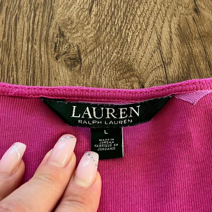 T.shirt manches courtes col V fuschia Lauren Ralph Lauren (logo brodé), femme, taille L - photo numéro 4