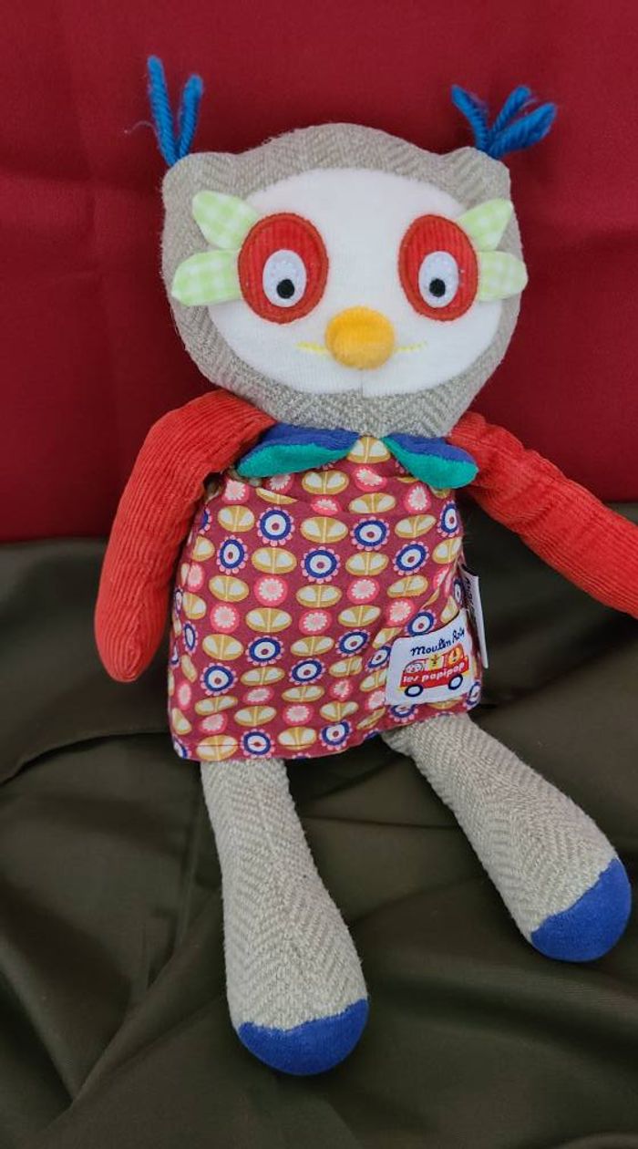 Doudou hibou MOULIN ROTY Les Popipop bleu rouge beige
