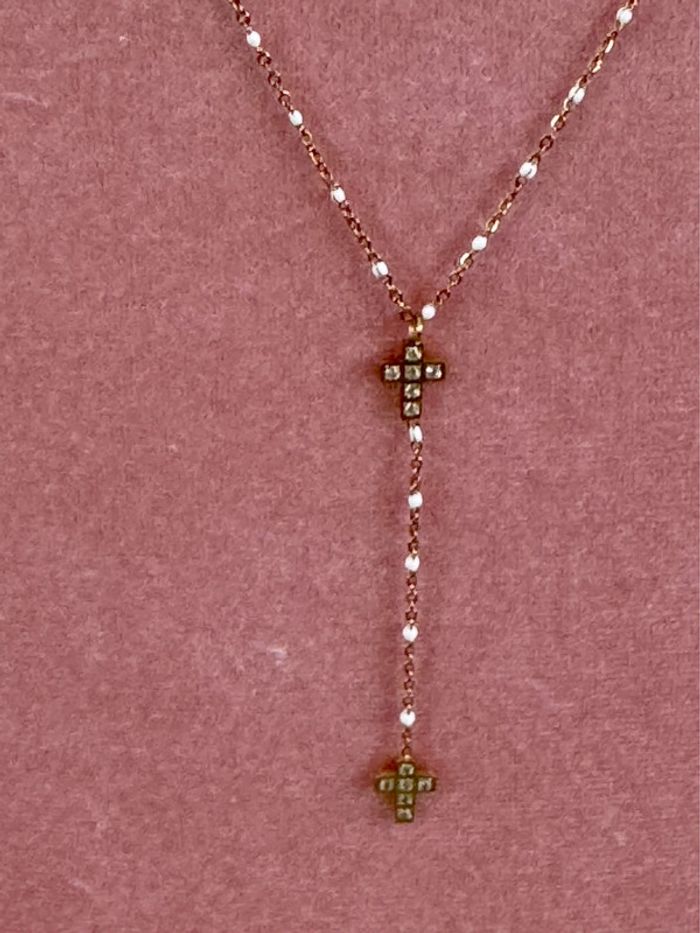 Collier V chapelet réglable acier inoxydable or résine njj la anche 2 croix cristaux - photo numéro 2