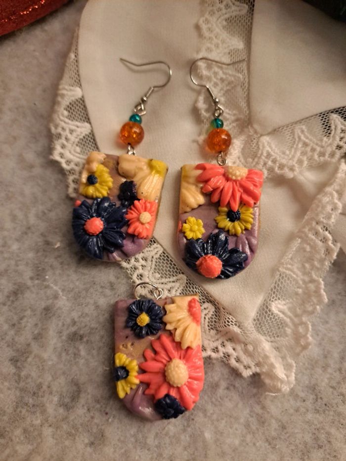 Parrurre boucles d'oreilles et pendentif pâte polymere multicolore florale - photo numéro 5