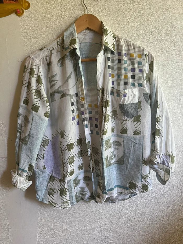 Chemise vintage blanc bleu clair kaki loose 36 38 - photo numéro 4