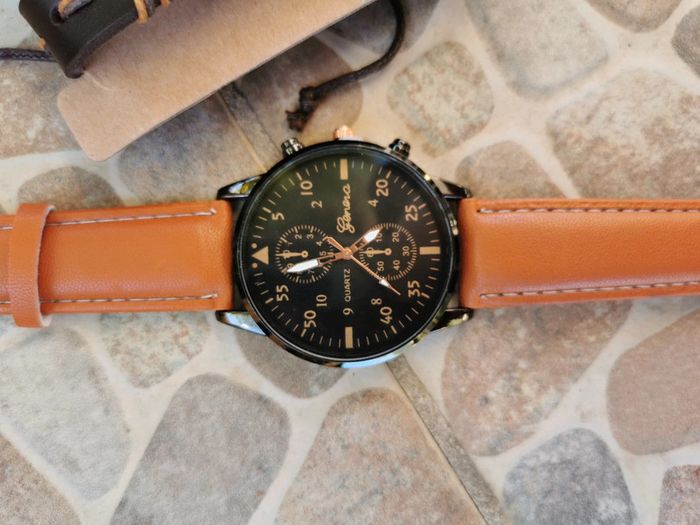 F56 montre et bracelets cuir homme marron tendance. - photo numéro 3