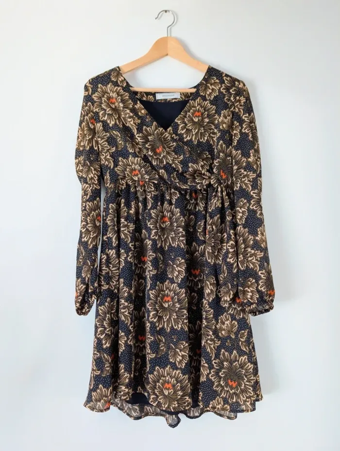 Robe mi-longue cache-cœur automnale noire beige fleurie casual chic Promod Taille 36 - photo numéro 6
