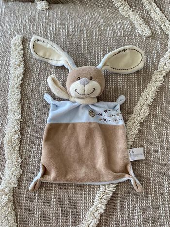 Peluche doudou plat 20cm Nicotoy lapin bleu et beige marron parfait état