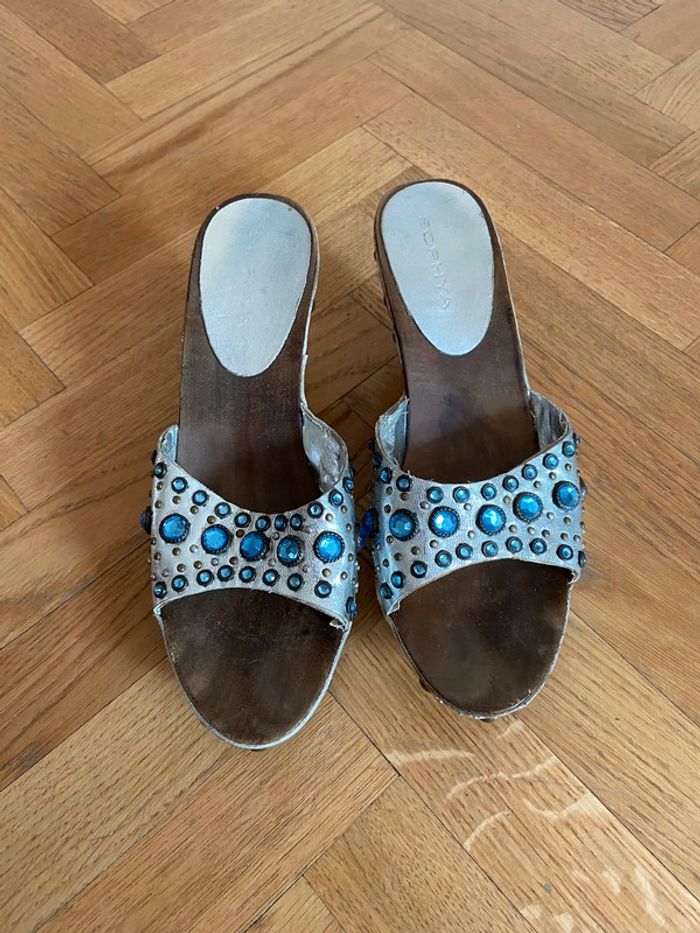 Sabot bois/argenté strass bleu Sophia taille 37