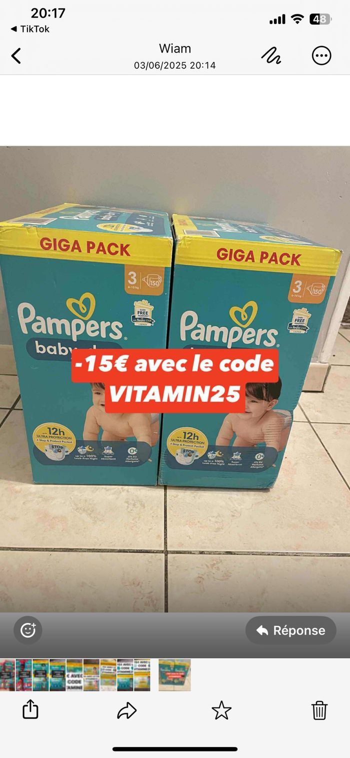 2 cartons de couches Pampers giga pack taille 3