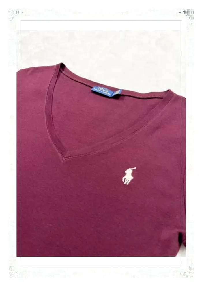 T-shirt manches longues Ralph Lauren femme coton rouge bordeaux col V taille M - photo numéro 4