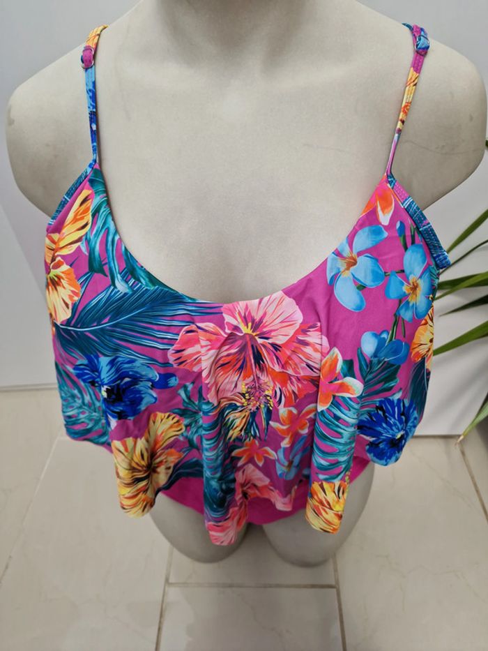 Maillot De Bain Une Piece Fuchsia Volants Imprimé Fleurs Hibiscus - photo numéro 3