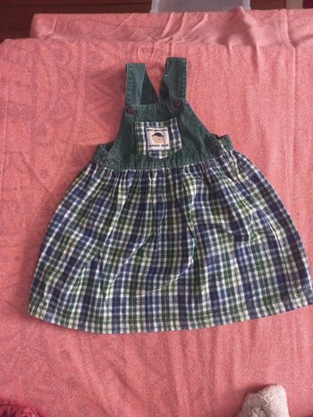Très jolie robe 12 a 24 mois vert bouteille haut salopette et carreaux blei blanc