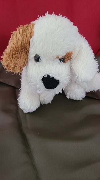 Peluche chiot crème yeux marron, taches et oreilles, souple assis