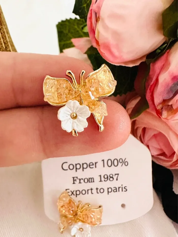 🦋Boucles d’oreilles papillons & fleurs – pierre orange, fait main, haute qualité - photo numéro 7