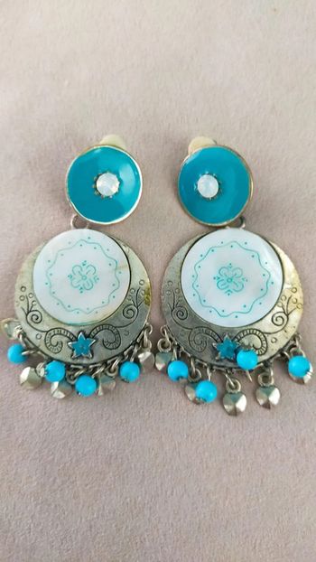 Boucles d’oreilles orientalisant et pampilles bleu turquoise vintage à clip - Collection Brume Bleue