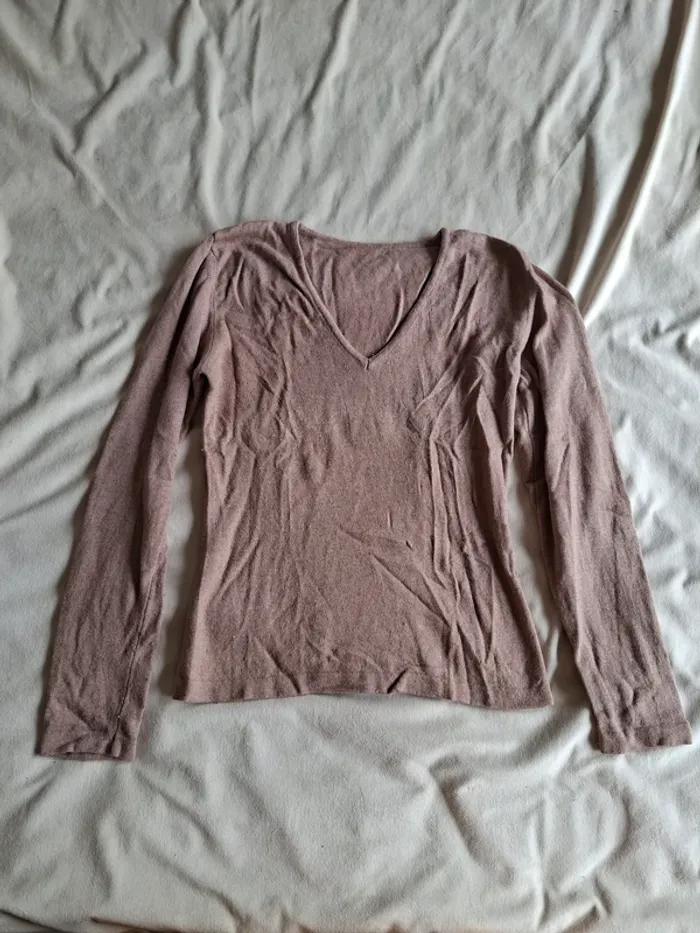 pull femme marron, en laine, taille S, col en V, en très bon état