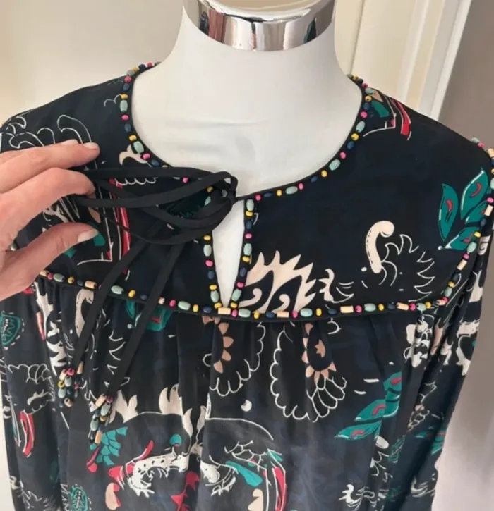 Bel air blouse bohème, chic, imprimé ethnique, 100 % soie femme, taille 2/38 - photo numéro 5