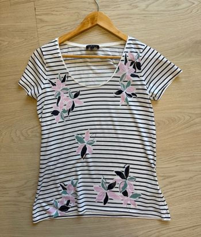 T-shirt manches courtes blanc bleu marine à dessin Caroll taille 36 S
