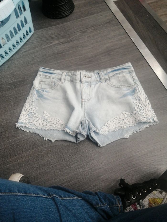 Short en jean à dentelle + effet usé T. 34