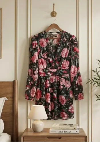 Robe courte rouge volantée décolleté v noué imprimé fleuri - Taille S