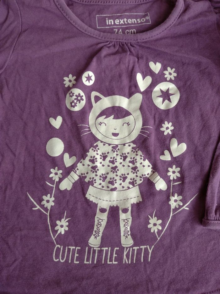 Lot de 2 tee shirt manches longues Fille 9 mois Fleurs Chat Cute Little kitty In Extenso 100% coton - photo numéro 5