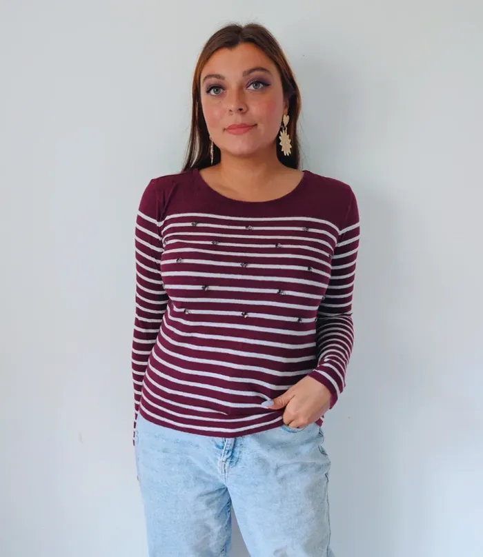Pull léger marinière Bordeaux casual chic strass automne Massimo dutti taille 38 - photo numéro 5