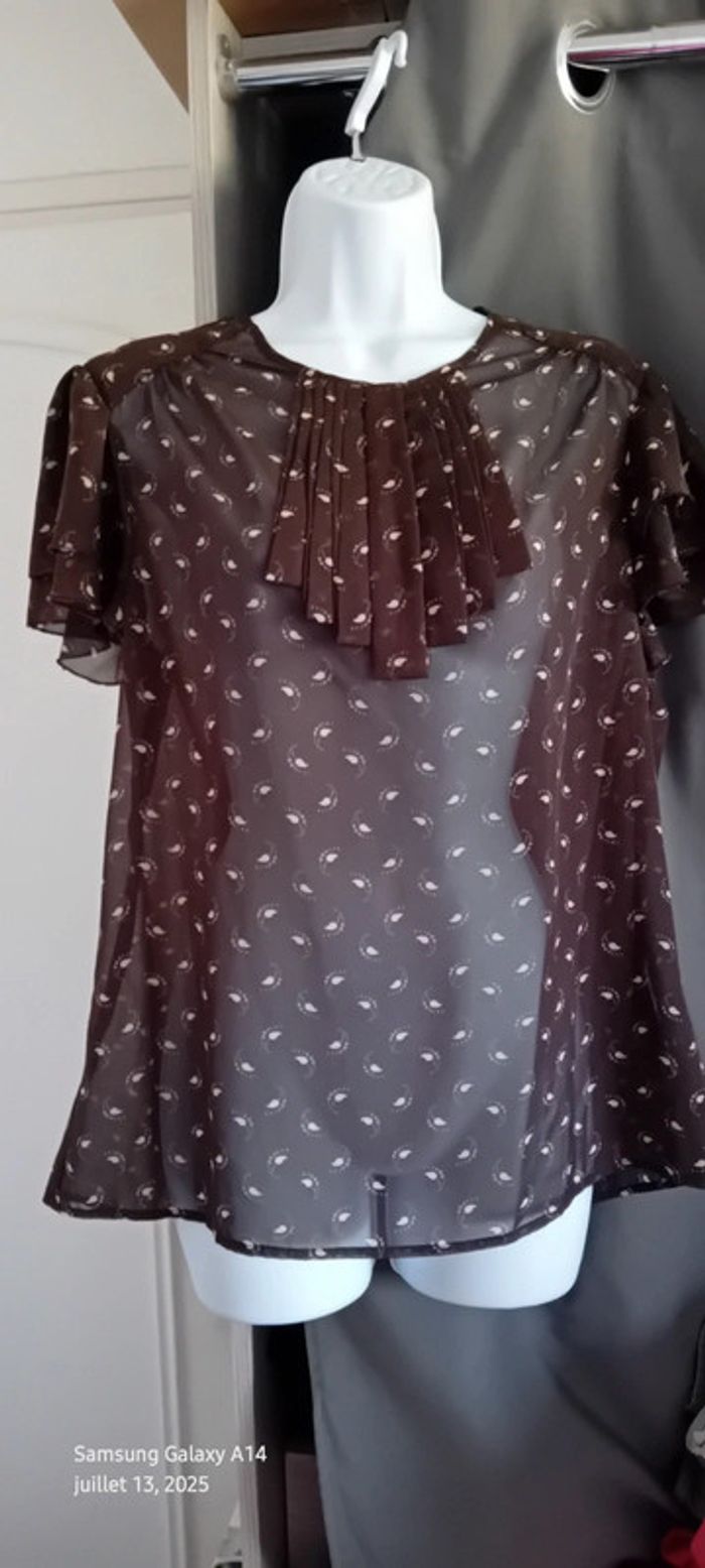 Blouse en voile manches volantées col cravate motif plumes marron femme L - photo numéro 8