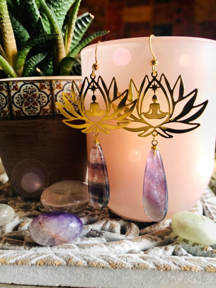 🪷Boucles d’oreilles lotus yoga méditation fluorite spiritual natural stone earrings🪷 - photo numéro 2