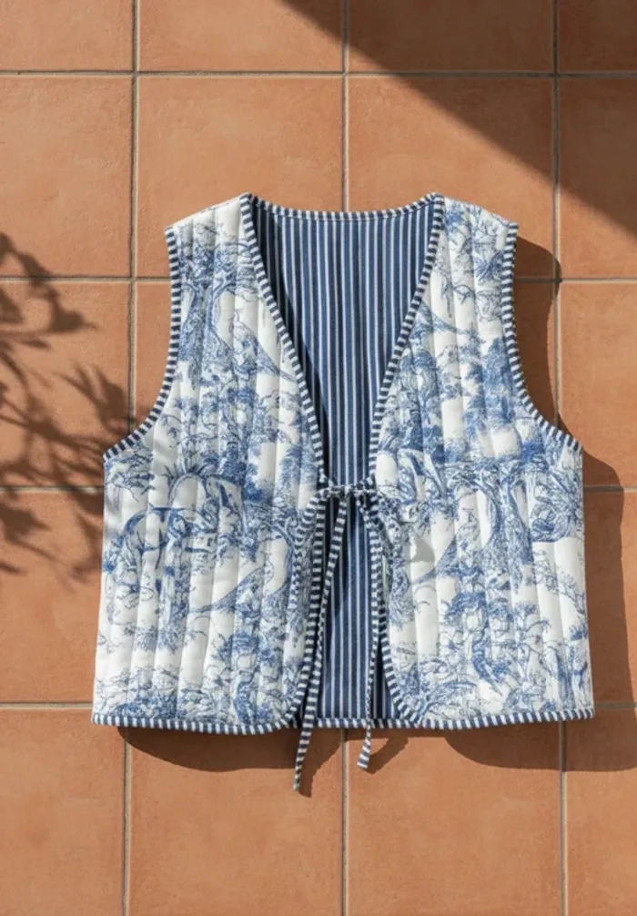 Gilet sans manches bleu blanc, noué devant, taille M, style rétro chic