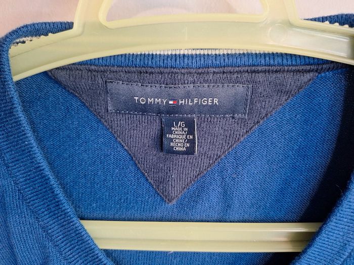 Pull tommy hilfiger bleu homme - taille XL - col V - coton - photo numéro 3