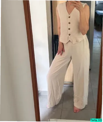 Ensemble femme chic beige style tailleur été - gilet + pantalon fluide taille XS
