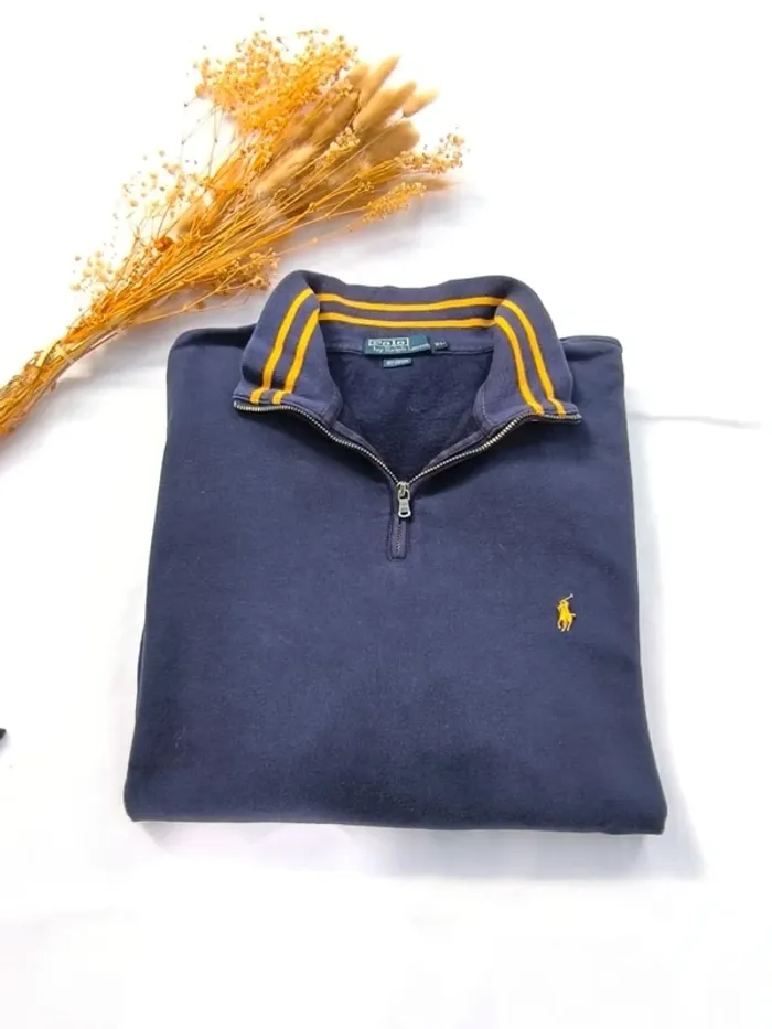 Pull homme 1/4 zippé Ralph Lauren taille XL Bleu avec col rayé jaune - photo numéro 2