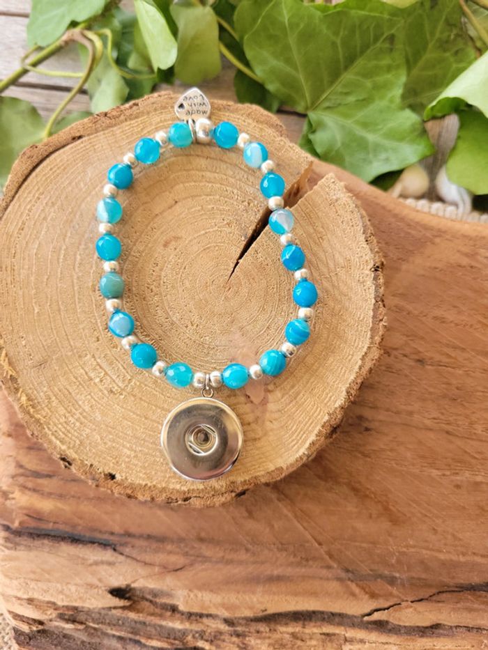 Bracelet pour bouton pression 18mm perles agates bleus - photo numéro 2