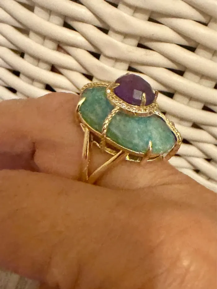 Grosse bague habaha Paris acier inoxydable or jade vert améthyste zircons réglable - photo numéro 3