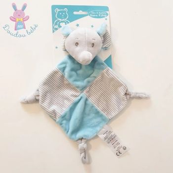 Doudou plat éléphant bleu gris blanc rayé Tom & Kiddy