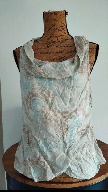 Haut  top débardeur bleu  marron  beige  avec  motifs  taille  38