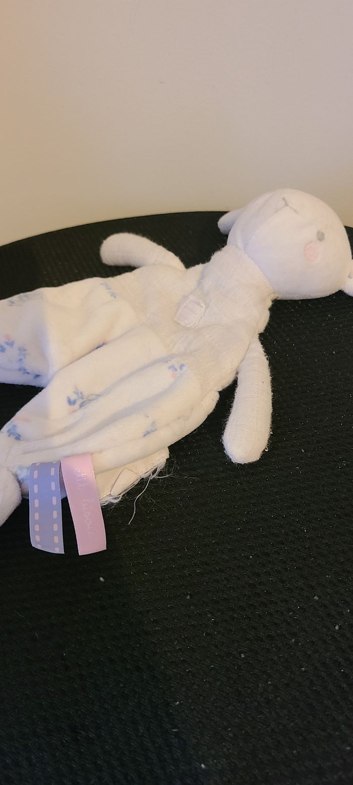 Doudou plat lapin blanc fleurs Sergent major - photo numéro 2