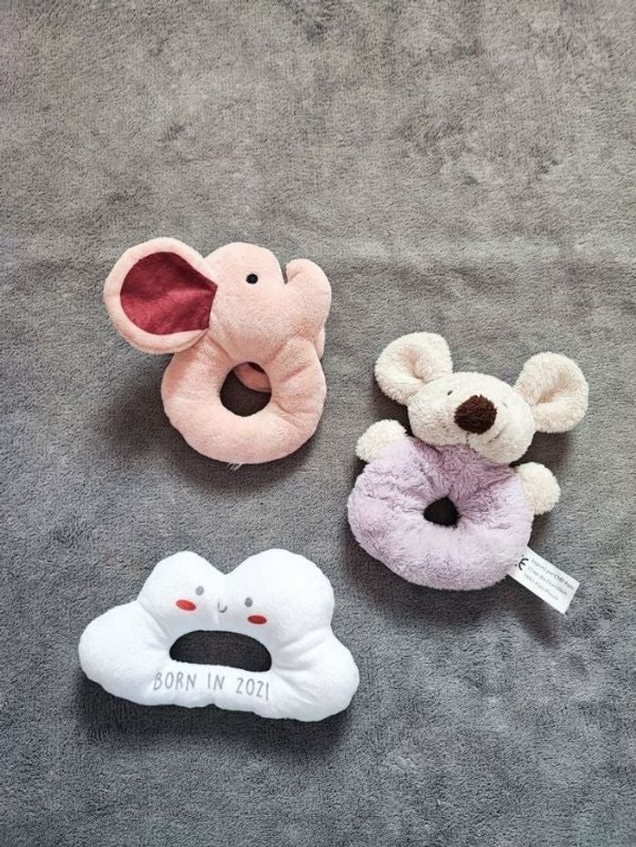 3 hochets en tissu " nuage, souris et éléphant"