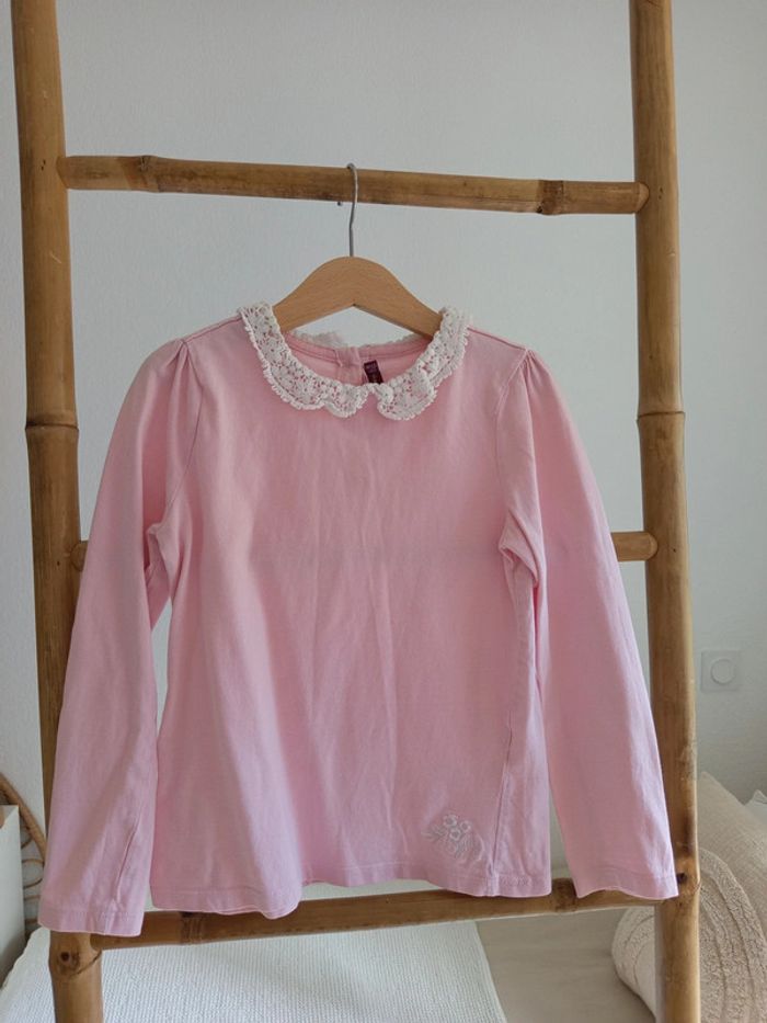 Haut rose col Claudine dentelle blanche Sergent Major 7 ans