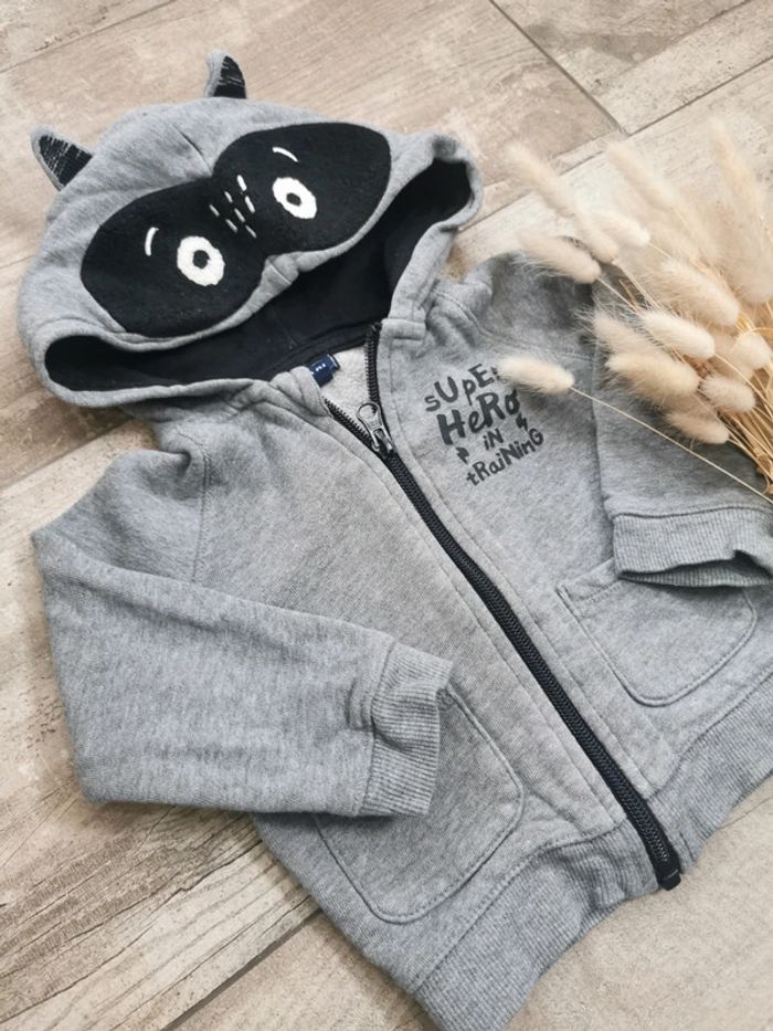🌺Veste gilet capuche 18mois gris noir raton laveur super hero bébé garçon - photo numéro 6