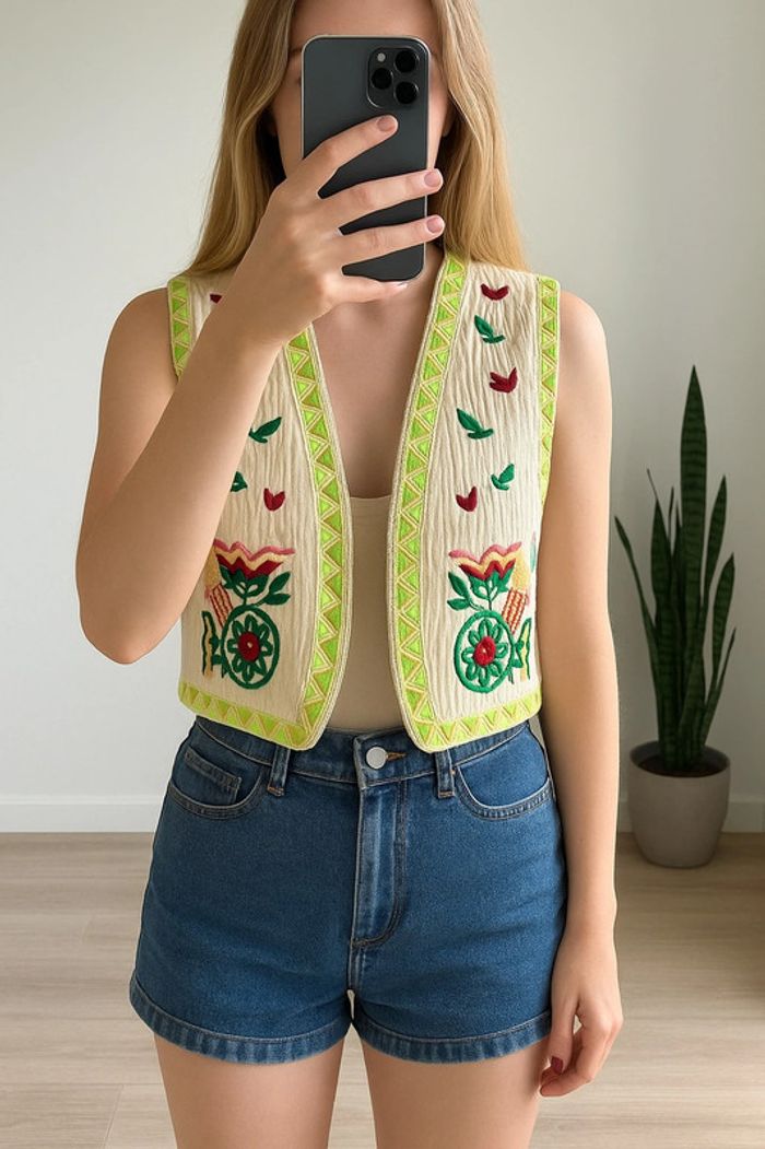 Gilet sans manches façon gaze de coton brodé de fleurs colorées, taille 36