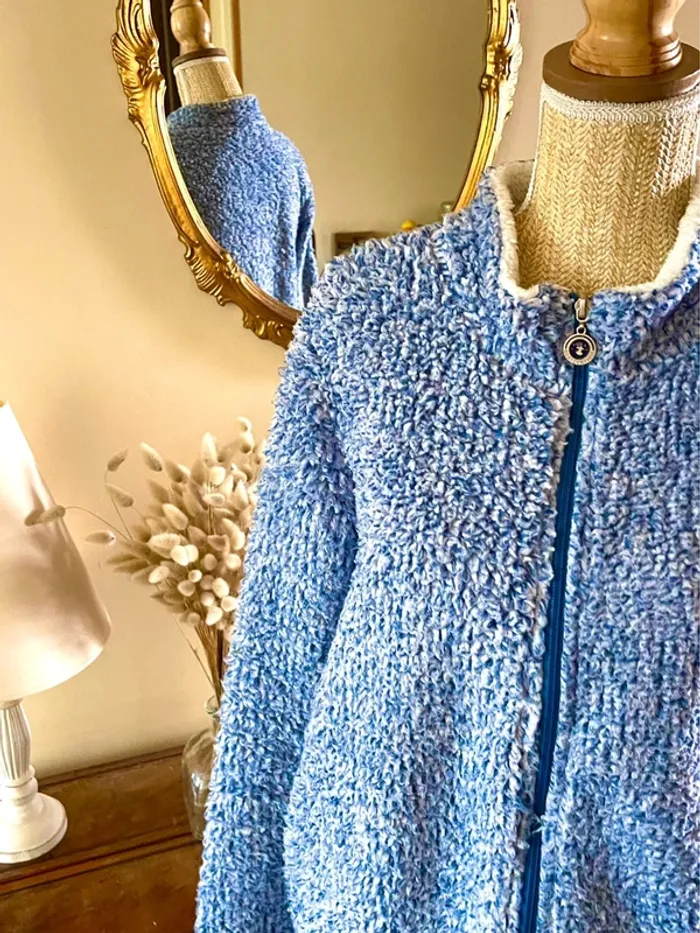 sublime veste teddy bouclette zippée bleu col montant poches cosy confort doux neuf taille M - photo numéro 5