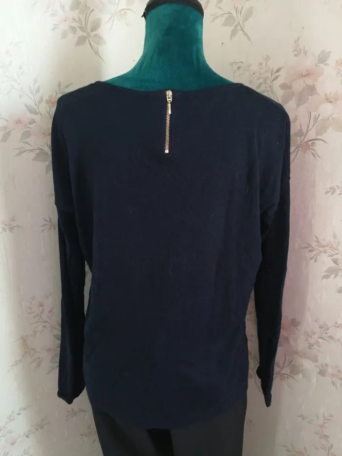 Pull fin bleu marine avec message brodé blanc noir et paillettes / promod / (M-L) - photo numéro 7
